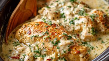 A bowl of tender shredded chicken cooked in a creamy ranch sauce, served over rice with fresh parsley garnish.