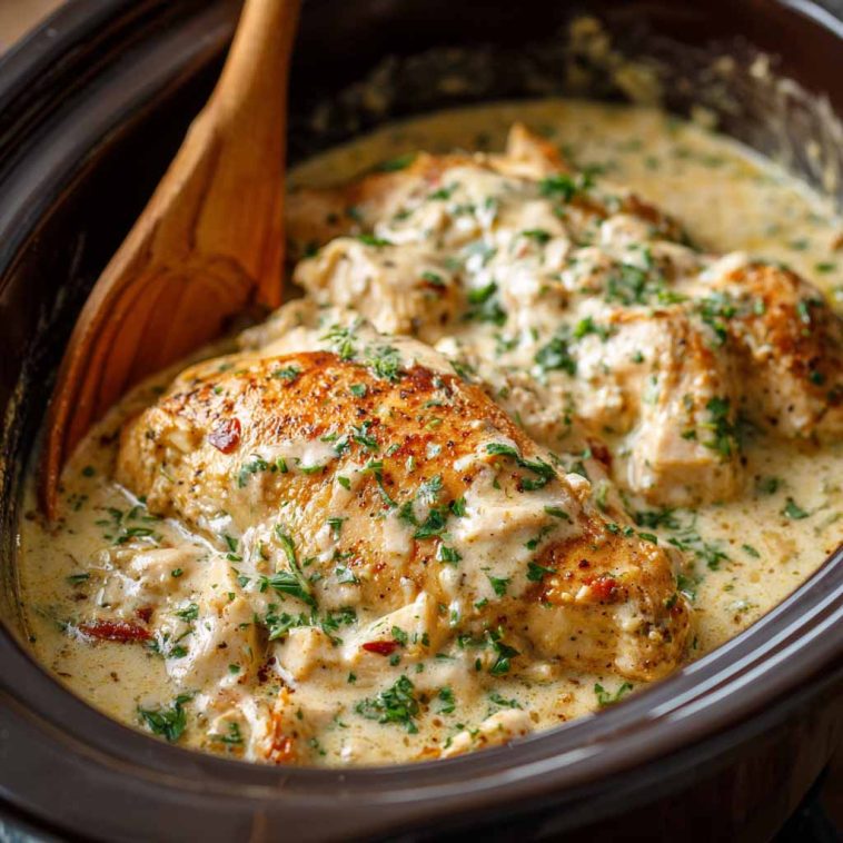 A bowl of tender shredded chicken cooked in a creamy ranch sauce, served over rice with fresh parsley garnish.