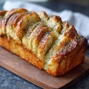 Golden pull-apart bread layered with lemon glaze and sprinkled with poppy seeds, served on a rustic plate.
