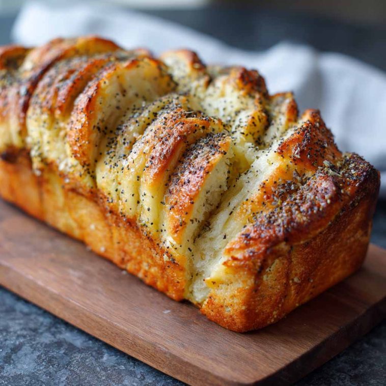 Golden pull-apart bread layered with lemon glaze and sprinkled with poppy seeds, served on a rustic plate.