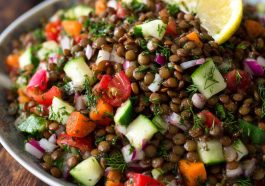 Classic Lebanese lentil salad made with tender lentils, fresh parsley, tomatoes, onions, and a zesty lemon olive oil dressing in a rustic bowl.