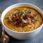 A warm bowl of caramelized onion red lentil soup with a rich golden color, topped with herbs and served with crusty bread.