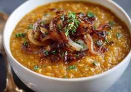 A warm bowl of caramelized onion red lentil soup with a rich golden color, topped with herbs and served with crusty bread.