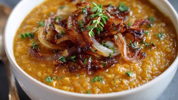 A warm bowl of caramelized onion red lentil soup with a rich golden color, topped with herbs and served with crusty bread.