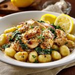 Creamy lemon chicken gnocchi with tender chicken, soft potato gnocchi, and a light lemon sauce garnished with herbs in a bowl.