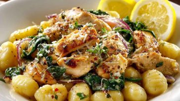 Creamy lemon chicken gnocchi with tender chicken, soft potato gnocchi, and a light lemon sauce garnished with herbs in a bowl.
