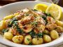 Creamy lemon chicken gnocchi with tender chicken, soft potato gnocchi, and a light lemon sauce garnished with herbs in a bowl.