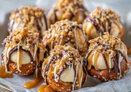 Cookie Dough Pretzel Bites dipped in chocolate with a sweet and salty filling, arranged on a dessert platter.