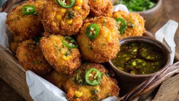 Crispy golden Jalapeno Corn Nuggets served with dipping sauce on a platter.