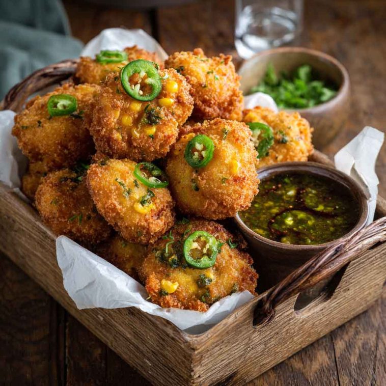Crispy golden Jalapeno Corn Nuggets served with dipping sauce on a platter.