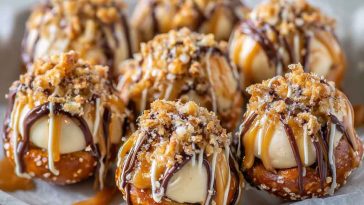 Cookie Dough Pretzel Bites dipped in chocolate with a sweet and salty filling, arranged on a dessert platter.