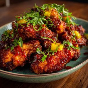 Crispy pineapple cowboy candy chicken wings glazed with sweet pineapple and spicy candied jalapeños.