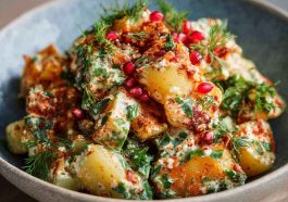 Fresh Turkish potato salad with tender potatoes, parsley, red onions, olive oil, and lemon dressing served as a light Mediterranean side dish.