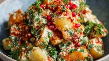 Fresh Turkish potato salad with tender potatoes, parsley, red onions, olive oil, and lemon dressing served as a light Mediterranean side dish.