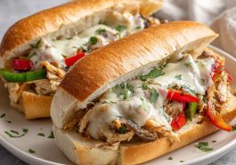"Slow cooker chicken Philly sandwiches with melted provolone, sautéed peppers, and onions on hoagie rolls"
