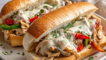 "Slow cooker chicken Philly sandwiches with melted provolone, sautéed peppers, and onions on hoagie rolls"