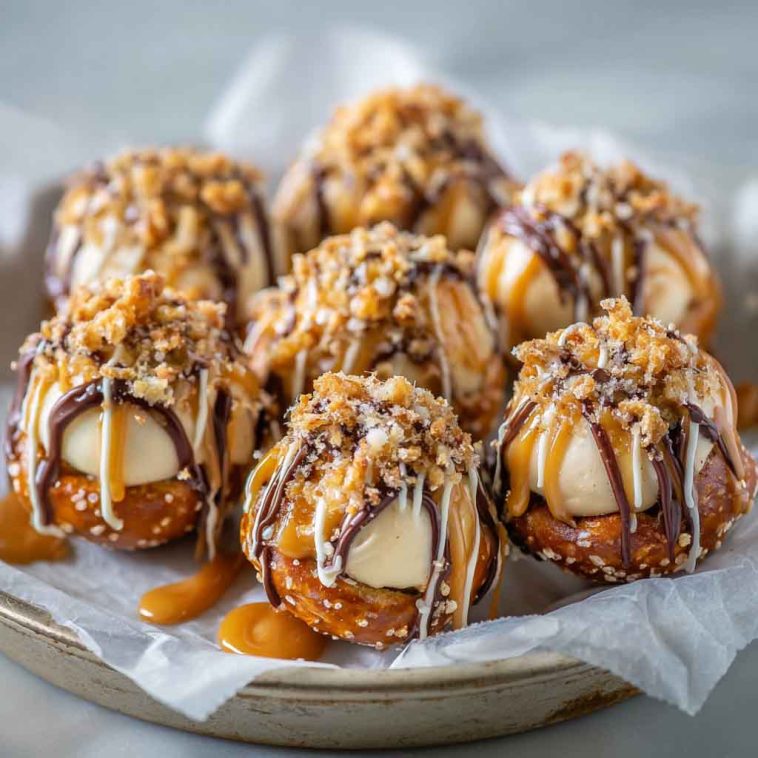 Cookie Dough Pretzel Bites dipped in chocolate with a sweet and salty filling, arranged on a dessert platter.