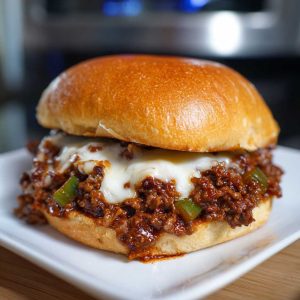 Juicy ground beef Sloppy Joes topped with melted cheese, peppers, and onions, inspired by Gordon Ramsay’s Philly Cheesesteak twist.