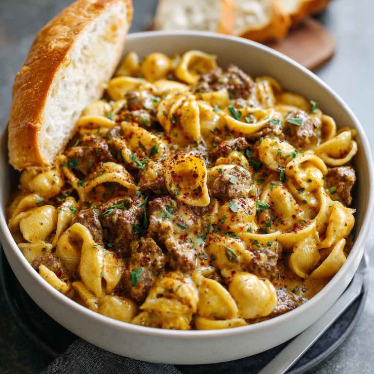 One-Pot Creamy Beef and Shells in Under 30 Minutes with tender pasta shells, ground beef, and creamy sauce, garnished with parsley.