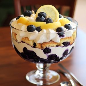 Layered lemon blueberry trifle with fluffy whipped cream, fresh blueberries, and lemon zest served in a glass dish.