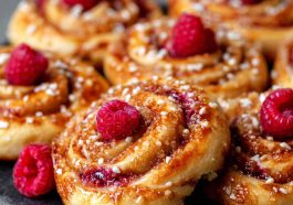 Freshly baked sugar raspberry Danish buns topped with glaze and filled with sweet raspberry jam.