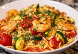 Shrimp and vegetable tomato orzo served in a bowl with herbs