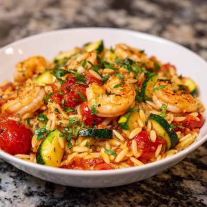 Shrimp and vegetable tomato orzo served in a bowl with herbs
