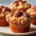 Freshly baked pecan pie brown sugar muffins topped with crunchy pecans and golden brown crust on a rustic tray.