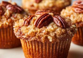 Freshly baked pecan pie brown sugar muffins topped with crunchy pecans and golden brown crust on a rustic tray.