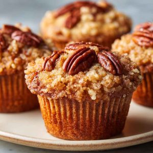 Freshly baked pecan pie brown sugar muffins topped with crunchy pecans and golden brown crust on a rustic tray.