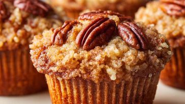 Freshly baked pecan pie brown sugar muffins topped with crunchy pecans and golden brown crust on a rustic tray.