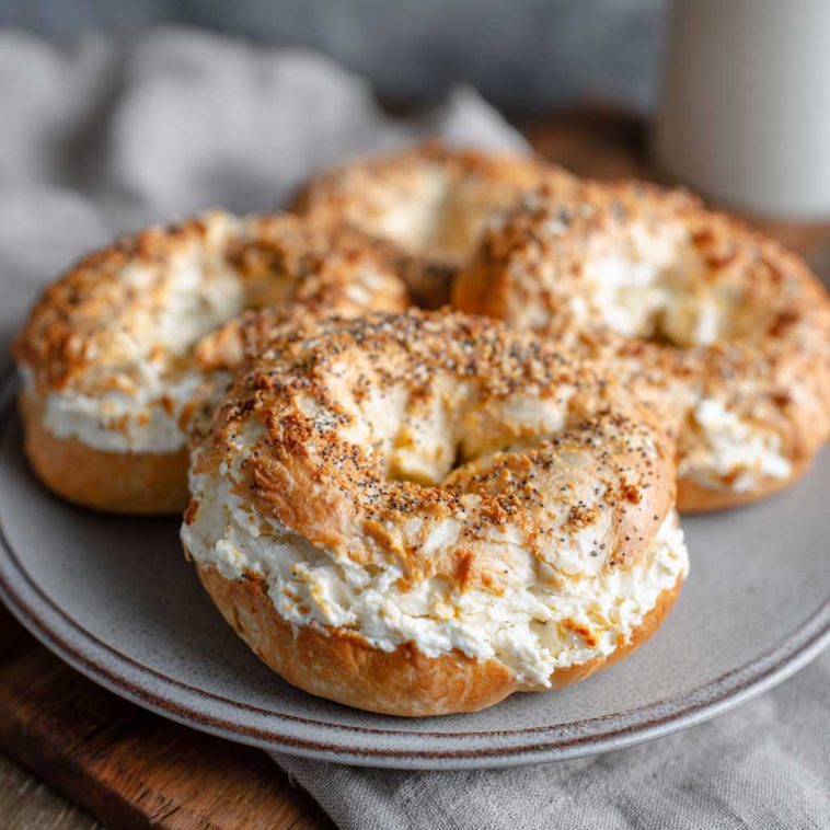 A batch of golden brown cottage cheese protein bagels made with only three ingredients, fresh out of the air fryer, served on a wooden board.
