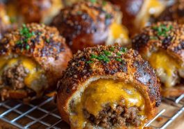 Cheeseburger pretzel bombs with golden pretzel crust stuffed with seasoned beef and melted cheese, served with dipping sauces.
