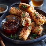 Golden-brown oven-fried feta rolls drizzled with sweet and spicy chili honey on a serving plate.