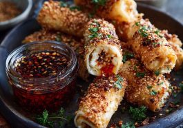 Golden-brown oven-fried feta rolls drizzled with sweet and spicy chili honey on a serving plate.