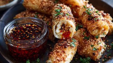 Golden-brown oven-fried feta rolls drizzled with sweet and spicy chili honey on a serving plate.