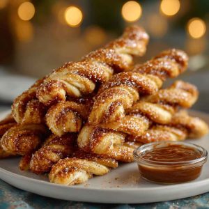Golden-brown Cinnamon Twists coated with cinnamon sugar, served on a plate with a light glaze drizzle.