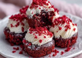 Sweet red velvet brownie bites with a soft, fudgy texture and rich cocoa flavor, topped with a light dusting of powdered sugar and served as bite-size dessert treats.