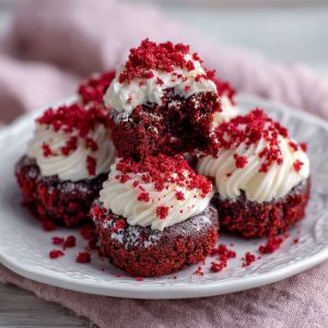Sweet red velvet brownie bites with a soft, fudgy texture and rich cocoa flavor, topped with a light dusting of powdered sugar and served as bite-size dessert treats.