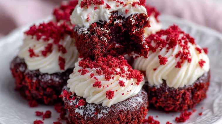Sweet red velvet brownie bites with a soft, fudgy texture and rich cocoa flavor, topped with a light dusting of powdered sugar and served as bite-size dessert treats.