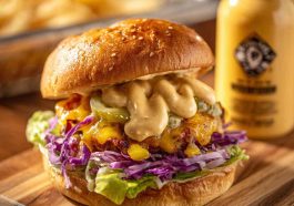 Creamy smash burger special sauce made with mayonnaise, ketchup, mustard, and pickles in a small bowl next to a juicy smash burger.