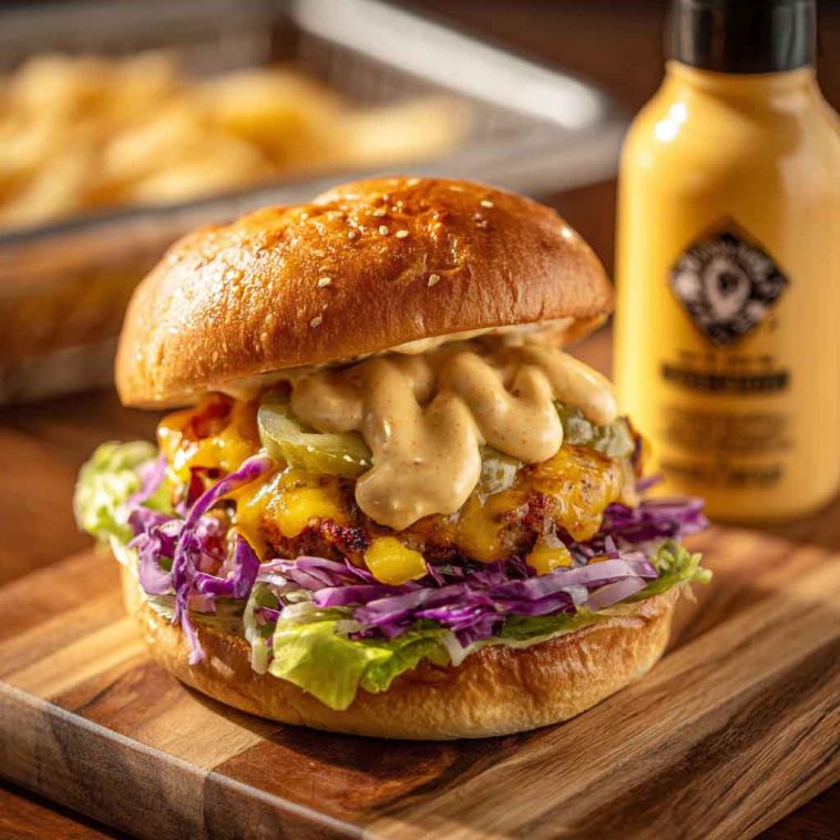 Creamy smash burger special sauce made with mayonnaise, ketchup, mustard, and pickles in a small bowl next to a juicy smash burger.