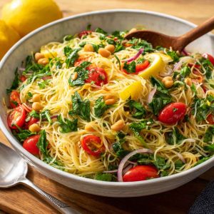 “Capellini pasta tossed with lemon dressing, fresh herbs, and vegetables served in a bowl.”