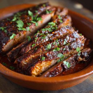 Slow Cooked Beef Brisket with tender slices, caramelized onions, and rich gravy served on a wooden cutting board.