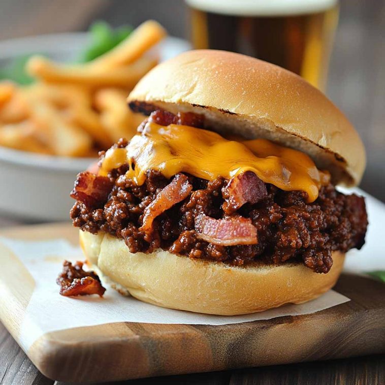 Bacon, beer, and cheese sloppy joes served on toasted buns with melted cheese and crispy bacon pieces.