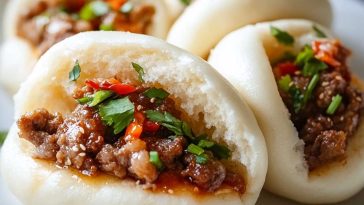 Freshly baked meat buns filled with savory ground meat and vegetables, served warm on a wooden board.