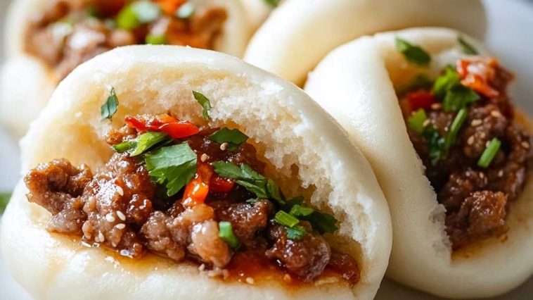 Freshly baked meat buns filled with savory ground meat and vegetables, served warm on a wooden board.