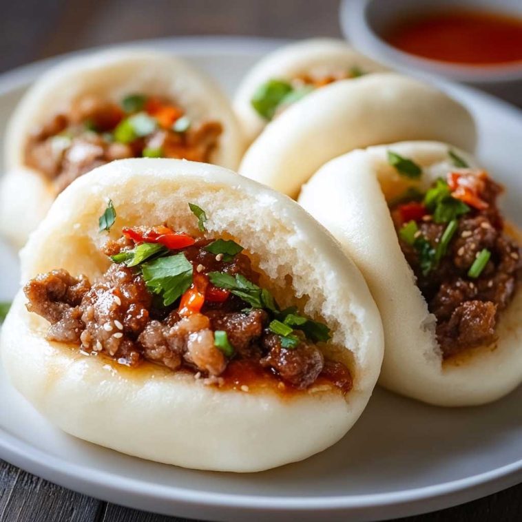 Freshly baked meat buns filled with savory ground meat and vegetables, served warm on a wooden board.