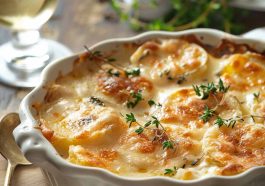 Cheesy scalloped potatoes baked golden brown in a casserole dish