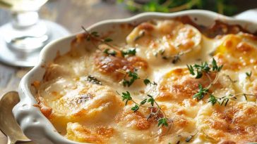 Cheesy scalloped potatoes baked golden brown in a casserole dish
